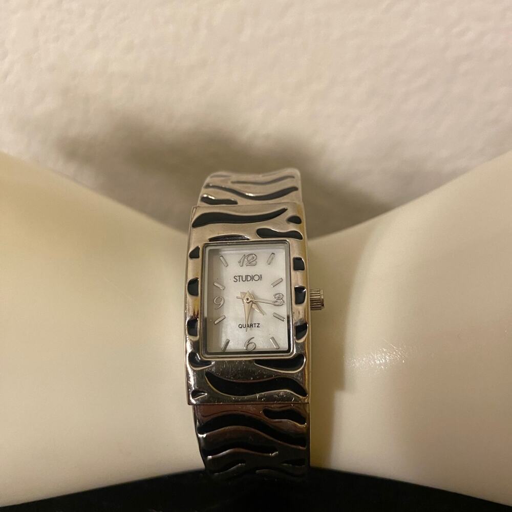 Studio Time Zebra Animal Print Hinged Silver Bangle Watch Band